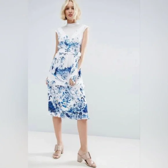 ASOS midi tea dress in China blue print with cotton panel - Picture 1 of 3